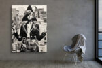 Vintage female figure with black triangle, collaged paper fragments, monochrome mixed-media portrait canvas for home office