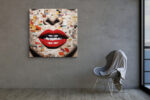 Close-cropped mixed-media portrait with vivid red lips on a warm cream paper collage mosaic, bold contemporary wall art