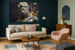 Classical Greco-Roman bust dissolving in gold fragments, dramatic digital art canvas for living room or home office