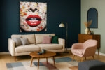 Close-cropped mixed-media portrait with vivid red lips on a warm cream paper collage mosaic, bold contemporary wall art