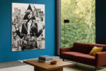 Vintage female figure with black triangle, collaged paper fragments, monochrome mixed-media portrait canvas for home office