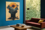 Human face silhouette with mountain landscape and sunflower in warm ochre and teal, bold mixed-media wall art for living room