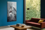 Woman in white kimono playing ukulele beside a red-crowned crane in pale blue-grey mist, japandi portrait canvas art