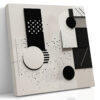 Black and off-white geometric collage with halftone dots and diagonal hatching, minimalist wall art canvas for home office