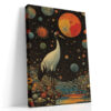 Red-crowned crane amid planets and cellular spheres, burnt orange illustration wall art for a bohemian living room