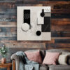 Black and off-white geometric collage with halftone dots and diagonal hatching, minimalist wall art canvas for home office