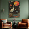 Red-crowned crane amid planets and cellular spheres, burnt orange illustration wall art for a bohemian living room