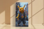 Punk Pikachu in vivid yellow and black leather, pop art digital art canvas for teen bedroom or gaming room