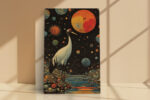 Red-crowned crane amid planets and cellular spheres, burnt orange illustration wall art for a bohemian living room