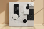 Black and off-white geometric collage with halftone dots and diagonal hatching, minimalist wall art canvas for home office