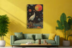 Red-crowned crane amid planets and cellular spheres, burnt orange illustration wall art for a bohemian living room