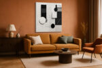 Black and off-white geometric collage with halftone dots and diagonal hatching, minimalist wall art canvas for home office