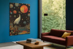 Red-crowned crane amid planets and cellular spheres, burnt orange illustration wall art for a bohemian living room
