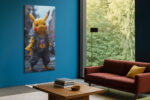 Punk Pikachu in vivid yellow and black leather, pop art digital art canvas for teen bedroom or gaming room
