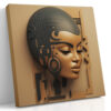 Cyberpunk female face with golden bronze skin and dark mechanical circuit panel, bold digital art canvas for a living room