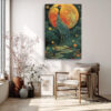 Red-crowned crane silhouetted against an amber moon, dark teal botanical illustration portrait canvas for living room
