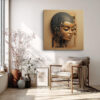 Cyberpunk female face with golden bronze skin and dark mechanical circuit panel, bold digital art canvas for a living room