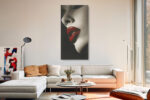 Extreme close-up portrait, vivid crimson lips on monochrome skin, bold high-contrast wall art for contemporary spaces