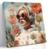 Woman with red circular sunglasses amid flowers and blueprint sketches, maximalist mixed-media wall art for living room