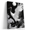 Red-crowned crane and full moon in black and white ink illustration style, japandi wall art canvas for bedroom