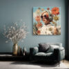 Woman with red circular sunglasses amid flowers and blueprint sketches, maximalist mixed-media wall art for living room