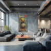 Cartoon duck on graffiti wall in golden yellow and teal-grey tones, bold street art canvas for living room or home office