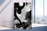 Red-crowned crane and full moon in black and white ink illustration style, japandi wall art canvas for bedroom