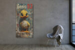 Cartoon duck on graffiti wall in golden yellow and teal-grey tones, bold street art canvas for living room or home office
