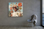 Woman with red circular sunglasses amid flowers and blueprint sketches, maximalist mixed-media wall art for living room