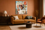 Woman with red circular sunglasses amid flowers and blueprint sketches, maximalist mixed-media wall art for living room