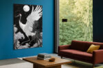 Red-crowned crane and full moon in black and white ink illustration style, japandi wall art canvas for bedroom