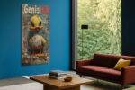 Cartoon duck on graffiti wall in golden yellow and teal-grey tones, bold street art canvas for living room or home office