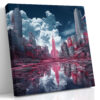 Surreal city skyline in crimson and deep navy with mirrored water reflection, dramatic digital art canvas for living room