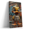 Hyper-realistic CGI duck on wet pavement, graffiti brick wall, bold urban street art canvas print for living room