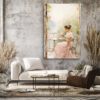 Woman in blush-pink dress at wrought iron bistro table with roses, romantic watercolor wall art canvas for bedroom