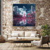 Surreal city skyline in crimson and deep navy with mirrored water reflection, dramatic digital art canvas for living room