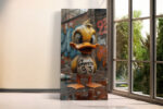 Hyper-realistic CGI duck on wet pavement, graffiti brick wall, bold urban street art canvas print for living room