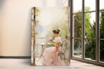 Woman in blush-pink dress at wrought iron bistro table with roses, romantic watercolor wall art canvas for bedroom