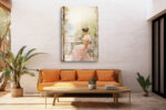 Woman in blush-pink dress at wrought iron bistro table with roses, romantic watercolor wall art canvas for bedroom