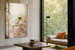 Woman in blush-pink dress at wrought iron bistro table with roses, romantic watercolor wall art canvas for bedroom