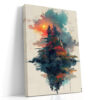 Rocky island with red autumn foliage and pagoda structures, mixed-media East Asian canvas art for living room