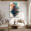 Rocky island with red autumn foliage and pagoda structures, mixed-media East Asian canvas art for living room