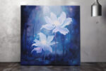 White flowers glowing against dark navy forest with bokeh particles, moody romantic digital art canvas for bedroom