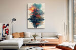 Rocky island with red autumn foliage and pagoda structures, mixed-media East Asian canvas art for living room