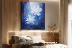 White flowers glowing against dark navy forest with bokeh particles, moody romantic digital art canvas for bedroom