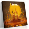 Gothic cathedral inside a glowing amber honey sphere, digital fantasy art canvas for living room or home office