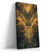 Front-facing golden dragon with horns and glowing filigree tendrils, dramatic dark fantasy wall art canvas for home office
