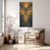 Front-facing golden dragon with horns and glowing filigree tendrils, dramatic dark fantasy wall art canvas for home office