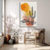 Saguaro cactus ink illustration with orange and gold watercolor washes, desert mixed-media wall art for living room