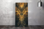 Front-facing golden dragon with horns and glowing filigree tendrils, dramatic dark fantasy wall art canvas for home office